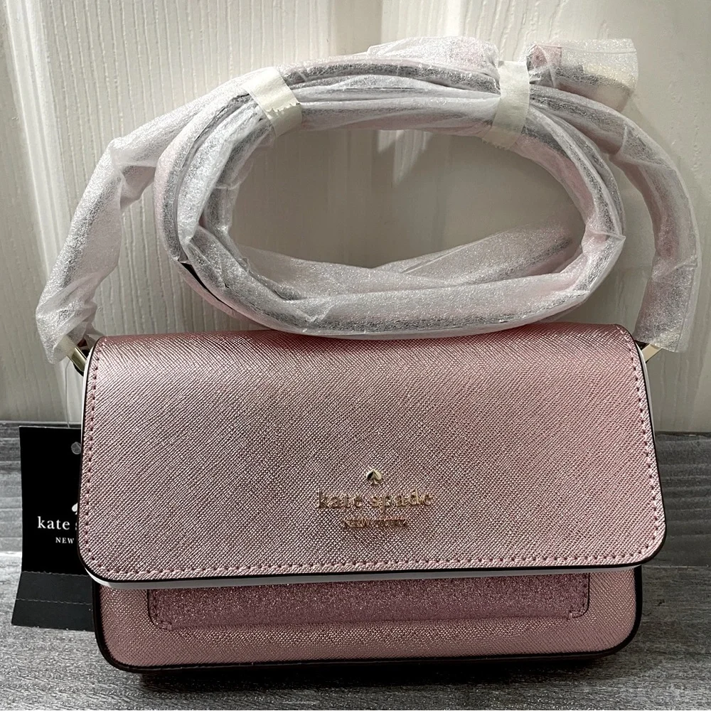 Kate Spade NWT Metallic Pink Glitter Duo Crossbody Bag Purse and Cardholder - Picture 4 of 14